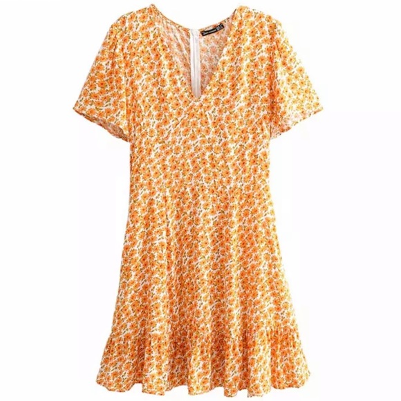 Orange Boho Floral Gypsy Print Short Sleeve Dress - Picture 5 of 7